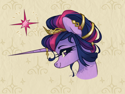Size: 1982x1500 | Tagged: safe, artist:shore2020, twilight sparkle, pony, g4, alternate hairstyle, bust, crown, cute, cutie mark, ear piercing, earring, female, hair accessory, hair bun, horn, horn jewelry, jewelry, looking at you, mare, piercing, portrait, profile, regal, regalia, solo, twiabetes