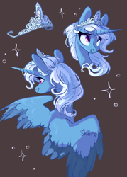 Size: 1500x2100 | Tagged: safe, artist:shore2020, trixie, alicorn, pony, g4, alicornified, brown background, bust, crown, cute, diatrixes, female, jewelry, mare, portrait, princess of humility, race swap, regalia, simple background, solo, trixiecorn