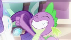 Size: 1920x1080 | Tagged: safe, screencap, rarity, spike, dragon, pony, unicorn, dragon dropped, g4, big smile, gem, smiling, teeth, thumbs up, winged spike, wings