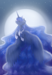 Size: 700x1000 | Tagged: safe, artist:brendalobinha, princess luna, alicorn, pony, g4, crown, eyes closed, female, flying, impossibly long hair, impossibly long tail, jewelry, mare, moon, regalia, solo, stars, wings