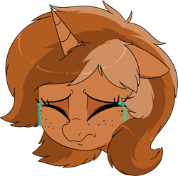 Size: 1190x1182 | Tagged: safe, artist:notenoughapples, oc, oc only, oc:sign, pony, unicorn, bust, crying, eyes closed, female, freckles, nose wrinkle, sad, simple background, solo, transparent background