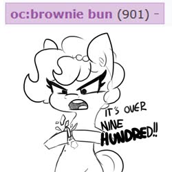 Size: 1080x1080 | Tagged: safe, artist:tjpones, oc, oc only, oc:brownie bun, earth pony, pony, derpibooru, angry eyes, dragon ball, dragon ball z, female, lineart, mare, meme, meta, monochrome, over 9000, ponified meme, scouter, simple background, solo, tags, vegeta, white background