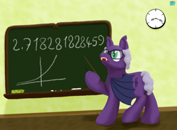 Size: 730x535 | Tagged: safe, artist:quint-t-w, oc, oc only, bat pony, pony, bat pony oc, chalk, chalkboard, clock, e, ear tufts, euler's number, fangs, glasses, graph, hoof hold, looking back, male, math, math joke, mathematics in the comments, old art, open mouth, pointer, pun, puns in the comments, solo, stallion, underhoof, visual pun