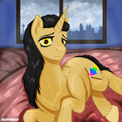 Size: 2500x2500 | Tagged: safe, artist:raeverran, oc, oc only, oc:rushy, pony, unicorn, bed, female, high res, lying on bed, mare, morning ponies, solo
