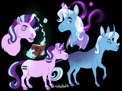 Size: 1500x1126 | Tagged: safe, artist:owlcoholik, starlight glimmer, trixie, pony, unicorn, g4, black background, blaze (coat marking), book, cloven hooves, coat markings, curved horn, duo, equal cutie mark, facial markings, female, glowing horn, hoers, horn, leonine tail, magic, mare, simple background, telekinesis