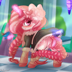 Size: 2795x2780 | Tagged: safe, artist:kindny-chan, oc, oc only, oc:sweet love, pony, unicorn, blushing, braid, braided tail, clothes, embarrassed, female, high res, magic, maid, mare, solo