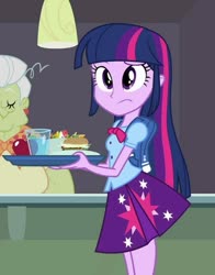 Size: 562x718 | Tagged: safe, screencap, granny smith, twilight sparkle, alicorn, equestria girls, g4, my little pony equestria girls, apple, clothes, cropped, female, food, lunch, lunchlady smith, pleated skirt, skirt, twilight sparkle (alicorn)