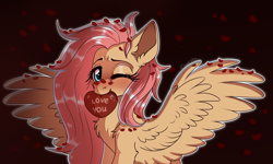 Size: 5000x3000 | Tagged: safe, artist:dinoalpaka, fluttershy, pegasus, pony, chest fluff, cute, ear fluff, female, holiday, i love you, leg fluff, looking at you, mouth hold, one eye closed, petals, shyabetes, solo, spread wings, valentine's day, wings, wink
