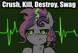 Size: 1000x681 | Tagged: safe, artist:maren, sweetie belle, robot, .mov, g4, blushing, caption, crush kill destroy swag, female, image macro, meme, pulse, r-dash 5000, solo, sweetie bot, text