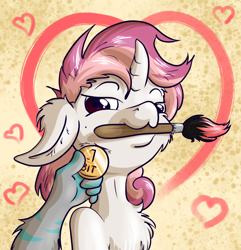 Size: 1710x1774 | Tagged: safe, artist:rainihorn, oc, oc only, oc:lollipop, unicorn, semi-anthro, :3, advertisement, brush, chest fluff, coin, commission, furry, heart, hearts and hooves day, male, mouth hold, offscreen character, poking, solo focus