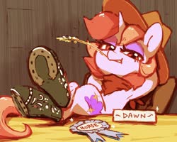 Size: 1668x1332 | Tagged: safe, artist:dawnfire, oc, oc only, oc:dawnfire, pony, unicorn, armpits, blue ribbon, boots, cowboy hat, hat, horseshoes, shoes, solo, stetson, straw in mouth