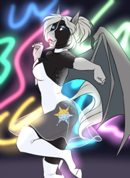 Size: 1174x1603 | Tagged: safe, artist:blackblood-queen, oc, oc only, oc:victor bates, bat pony, anthro, unguligrade anthro, armpits, bat pony oc, bat wings, clothes, cool world, digital art, eyeshadow, fangs, female, holli would, lipstick, makeup, mare, one eye closed, rule 63, smiling, wings, wink