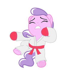 Size: 408x462 | Tagged: artist needed, safe, diamond tiara, pony, g4, clothes, female, fingerless gloves, gi, gloves, karate, martial arts, red belt, robe, solo