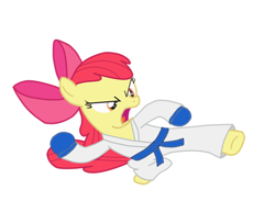 Size: 584x474 | Tagged: artist needed, safe, apple bloom, earth pony, pony, g4, blue belt, clothes, female, fingerless gloves, gi, gloves, karate, kicking, martial arts, robe, solo