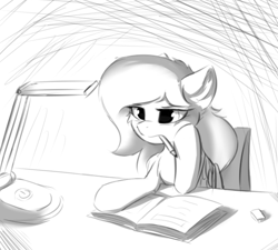 Size: 500x450 | Tagged: safe, artist:d.w.h.cn, oc, oc only, pegasus, pony, book, female, mare, monochrome, mouth hold, pencil, sitting, solo, table