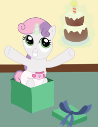 Size: 1545x2000 | Tagged: safe, artist:sweetielover, sweetie belle, pony, unicorn, g4, birthday cake, cake, diaper, diaper fetish, female, fetish, filly, food, glowing, glowing horn, grin, horn, magic, magic aura, non-baby in diaper, sitting, smiling, solo, telekinesis
