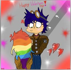 Size: 828x820 | Tagged: safe, artist:kittycatrittycat, rainbow dash, soarin', human, series:the investigators, g4, blushing, female, goggles, heart, hearts and hooves day, holiday, humanized, male, multicolored hair, ship:soarindash, shipping, steampunk, straight, valentine's day