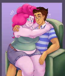 Size: 1015x1178 | Tagged: safe, artist:cottoncloudy, pinkie pie, oc, oc:copper plume, human, equestria girls, g4, bbw, blushing, breasts, canon x oc, chair, chubby, cleavage, clothes, commission, commissioner:imperfectxiii, copperpie, duo, fat, female, glasses, hug, looking at you, male, muffin top, obese, pudgy pie, shipping, shirt, shorts, sitting on lap, sitting on person, smiling, straight, thighs, thunder thighs