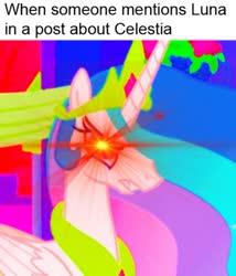 Size: 1060x1238 | Tagged: safe, edit, edited screencap, screencap, princess celestia, g4, angry, cropped, episode needed, eyestrain warning, implied princess luna, lens flare, meme, needs more saturation, op has a point, op is a duck, saturated