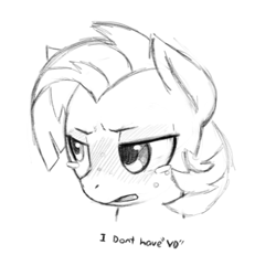 Size: 640x640 | Tagged: safe, artist:trickydick, babs seed, earth pony, pony, g4, ambiguous age, blushing, bust, crying, embarrassed, female, freckles, grayscale, implied veneral dieases, lidded eyes, monochrome, simple background, solo, teary eyes, text, white background