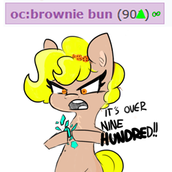 Size: 1080x1080 | Tagged: safe, artist:tjpones edits, edit, oc, oc only, oc:brownie bun, pony, derpibooru, anime, chest fluff, colored, crossover, dragon ball, dragon ball z, ear fluff, english, eyelashes, female, mare, meme, meta, over 9000, simple background, solo, super saiyan, tags, text, white background, wingding eyes