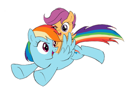 Size: 800x594 | Tagged: safe, artist:yuniuni11, rainbow dash, scootaloo, pegasus, pony, g4, female, filly, flying, looking back, mare, open mouth, ponies riding ponies, riding, scootaloo riding rainbow dash, scootalove, simple background, smiling, white background, wings
