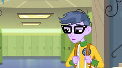 Size: 1539x866 | Tagged: safe, screencap, microchips, equestria girls, g4, my little pony equestria girls, backpack, clothes, glasses, hallway, lockers, male