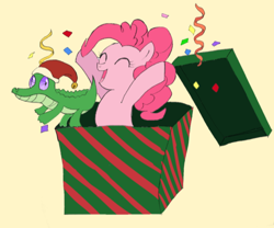 Size: 800x665 | Tagged: safe, artist:yuniuni11, gummy, pinkie pie, alligator, earth pony, pony, g4, christmas, eyes closed, female, hat, holiday, male, mare, open mouth, present, santa hat, simple background, smiling, streamers, yellow background