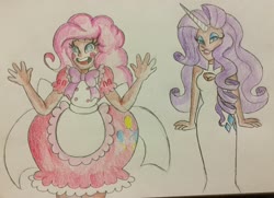 Size: 3192x2317 | Tagged: safe, artist:mscreepyplaguedoctor, pinkie pie, rarity, human, g4, alternate hairstyle, apron, bedroom eyes, blushing, boob window, bowtie, clothes, dark skin, dress, duo, eyeshadow, female, heart eyes, high res, horn, horned humanization, humanized, lip bite, lipstick, makeup, open mouth, traditional art, wingding eyes