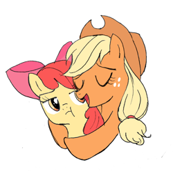 Size: 800x792 | Tagged: safe, artist:yuniuni11, apple bloom, applejack, earth pony, pony, g4, :t, apple bloom's bow, applejack's hat, bow, bust, cowboy hat, eyes closed, female, filly, freckles, hair bow, hat, hug, lidded eyes, mare, open mouth, siblings, simple background, sisters, smiling, stetson, white background