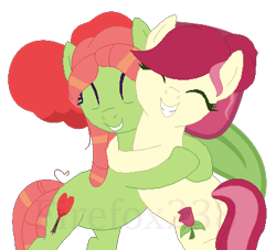 Size: 406x369 | Tagged: safe, artist:firefox238, artist:selenaede, roseluck, tree hugger, earth pony, pony, g4, base used, bipedal, cute, eyes closed, female, grin, hug, lesbian, rosehugger, shipping, simple background, smiling, transparent background, watermark
