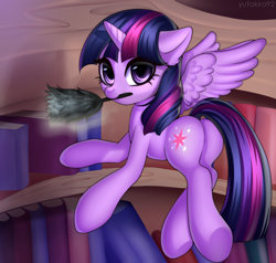 Size: 3172x3024 | Tagged: safe, artist:yutakira92, twilight sparkle, alicorn, pony, book, bookshelf, cleaning, cute, duster, female, flying, golden oaks library, horn, looking at you, looking back, looking back at you, mare, mouth hold, ponytail, rear view, solo, twiabetes, twilight sparkle (alicorn), wings