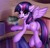 Size: 3172x3024 | Tagged: safe, artist:yutakira92, twilight sparkle, alicorn, pony, g4, book, bookshelf, cleaning, cute, duster, female, flying, golden oaks library, high res, horn, looking at you, looking back, looking back at you, mare, mouth hold, ponytail, rear view, solo, twiabetes, twilight sparkle (alicorn), wings