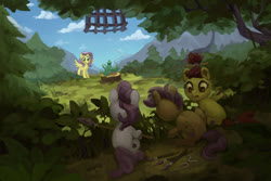 Size: 1280x854 | Tagged: safe, artist:gor1ck, apple bloom, fluttershy, scootaloo, sweetie belle, earth pony, pegasus, pony, unicorn, tabun art-battle, g4, alternate hairstyle, arrow, art battle, cage, cloud, crouching, cup, cutie mark, cutie mark crusaders, female, filly, food, forest, hiding, male, mare, painting, spear, tabun art-battle finished after, tea, tea set, teacup, teapot, the cmc's cutie marks, this will end in tears, trap (device), tree, tree stump, weapon