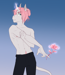 Size: 2222x2544 | Tagged: safe, artist:askbubblelee, oc, oc only, oc:rosie quartz, unicorn, anthro, unguligrade anthro, abs, adonis belt, anthro oc, biceps, bishonen, clothes, crystal, curved horn, digital art, green eyes, happy trail, high res, horn, leonine tail, lips, long tail, magic, male, man bun, muscles, nudity, pants, partial nudity, pecs, pose, pubic hair, rule 63, sexy, short hair, smiling, solo, stallion, toned, topless