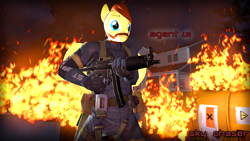Size: 1920x1080 | Tagged: safe, artist:sky chaser, oc, oc only, oc:sky chaser, pegasus, anthro, 3d, agent, beard, facial hair, fire, gun, male, solo, source filmmaker, weapon