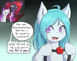 Size: 1280x1014 | Tagged: safe, artist:enokitake, oc, oc:jessi-ka, pony, anthro, ballgag, bdsm, breasts, domination, for science, gag, imminent sex, obey, questioning, science, scientist, sexual experiment