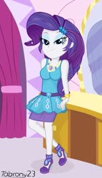 Size: 584x1024 | Tagged: safe, artist:tabrony23, edit, editor:thomasfan45, rarity, equestria girls, equestria girls series, g4, barrette, beautiful, bedroom eyes, boutique, bracelet, clothes, curtains, cute, female, geode of shielding, high heels, jewelry, leaning on table, looking at you, magical geodes, mirror, pencil skirt, raribetes, rarity peplum dress, shoes, show accurate, skirt, smiling, solo