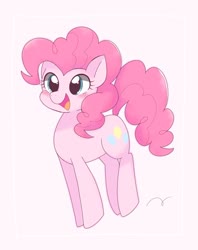 Size: 1619x2048 | Tagged: dead source, safe, artist:ginmaruxx, pinkie pie, earth pony, pony, g4, blushing, cute, diapinkes, female, mare, open mouth, pink background, pronking, simple background, solo