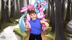 Size: 1920x1080 | Tagged: safe, artist:eztp, silverstream, oc, classical hippogriff, hippogriff, human, fanfic:the lost element, g4, carrying, clothes, creek, cute, diastreamies, fanfic art, female, forest, human oc, male, missing accessory, pointing, silverbetes, tree