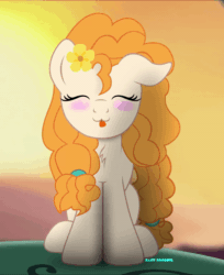 Size: 600x736 | Tagged: safe, artist:bastbrushie, part of a set, pear butter, earth pony, pony, g4, :3, :p, animated, bastbrushie is trying to kill us, cute, daaaaaaaaaaaw, dancing, eyes closed, female, gif, happy, hnnng, mare, mother, pearabetes, silly, sitting, solo, sun, sunset, tongue out