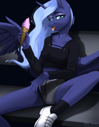 Size: 4000x5100 | Tagged: safe, artist:villjulie, princess luna, alicorn, anthro, plantigrade anthro, g4, :p, absurd resolution, clothes, ear fluff, female, food, ice cream, ice cream cone, looking at you, mare, midriff, shoes, shorts, sitting, socks, solo, tongue out