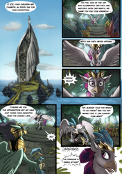 Size: 3541x5016 | Tagged: safe, artist:alexvanarsdale, artist:lummh, princess skystar, queen novo, stratus skyranger, classical hippogriff, hippogriff, comic:twist of faith, my little pony: the movie, absurd resolution, armor, background hippogriff, cloud, comic, female, fledgeling, hippogriffia, male, mount aris, ocean, speech bubble, unnamed hippogriff, young skystar