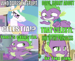 Size: 635x524 | Tagged: safe, edit, edited screencap, editor:undeadponysoldier, screencap, princess celestia, spike, alicorn, dragon, pony, series:spikebob scalepants, g4, angry, caption, comic, female, image macro, male, mare, meme, nervous, nervous smile, parody, patchy the pirate, reference, screencap comic, spike is not amused, spongebob squarepants, spongebob's house party, talking to viewer, text, unamused, winged spike, wings, wrong aspect ratio