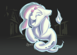 Size: 3496x2480 | Tagged: safe, artist:madgehog, oc, oc:ghost pone, ghost, ghost pony, pony, undead, ectoplasm, female, glowing, happy, high res, looking at you, mare, night, open mouth, re:questria, spooky