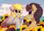 Size: 2378x1681 | Tagged: safe, alternate version, artist:mirtash, derpy hooves, doctor whooves, time turner, earth pony, pegasus, pony, g4, blushing, chest fluff, cottagecore, ear fluff, eye contact, female, fence, flower, looking at each other, male, mare, ship:doctorderpy, shipping, smiling, stallion, straight, sunflower, windmill