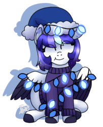 Size: 1586x1956 | Tagged: safe, artist:spokenmind93, oc, oc only, pony, animated, chibi, christmas, clothes, eyes closed, facing you, holiday, lights, pegasus oc, secret santa, simple background, solo, sweater, white background