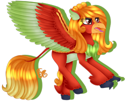 Size: 1920x1558 | Tagged: safe, artist:spokenmind93, hippogriff, ho-oh, hybrid, kirin, claws, female, fluffy, open mouth, pokémon, ponymon, simple background, solo, transparent background, wings