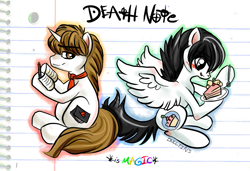 Size: 973x665 | Tagged: safe, artist:dollfins, oc, oc only, pegasus, pony, unicorn, blushing, book, cake, death note, duo, food, fork, hoof hold, horn, lined paper, necktie, pegasus oc, plate, ponified, smiling, text, unicorn oc, wings