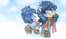 Size: 1000x600 | Tagged: safe, artist:dollfins, oc, oc only, oc:sweet dreams, alicorn, pony, alicorn oc, blushing, clothes, horn, scarf, shoes, smiling, snow, solo